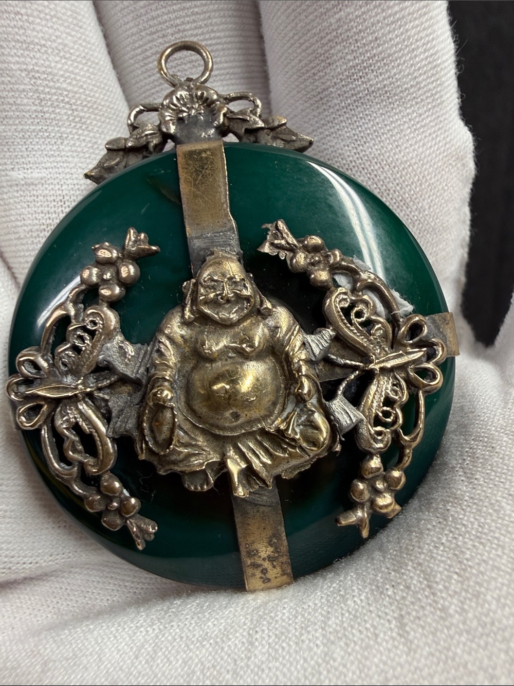 Antique, vintage, Green Jade-Style Buddha Brooch with Silver-Toned Accents